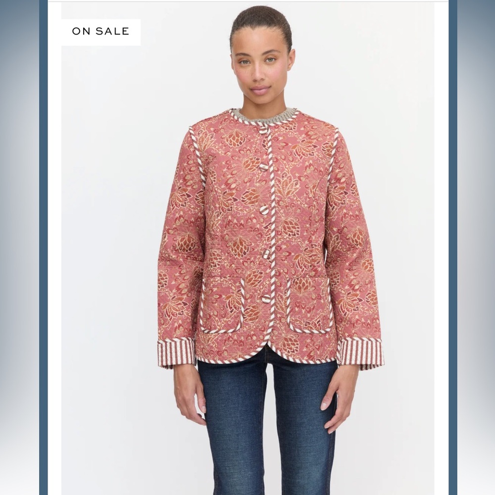 Hill House Quilted Floral Jacket in Dusty Rose and Cream Trim